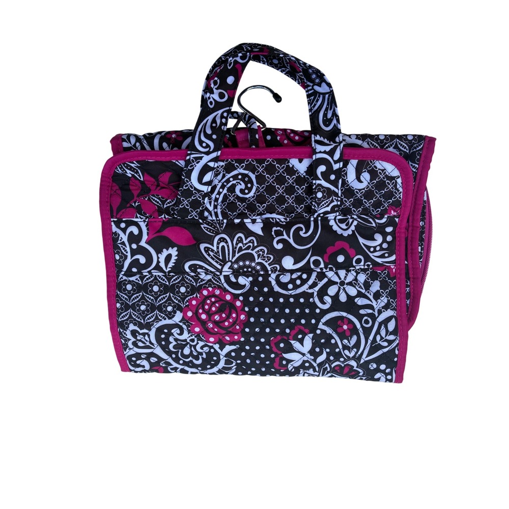 Modella Hanging Toiletry Bag Pink Black Floral Quilted Travel Organizer Case